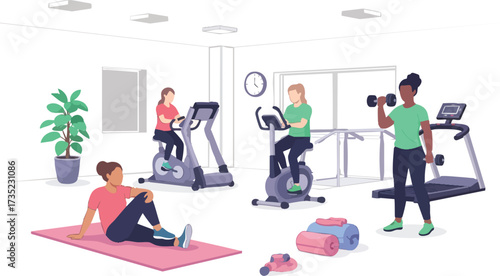 Gym scene Women exercise using stationary bikes weights and mats a treadmill is visible
