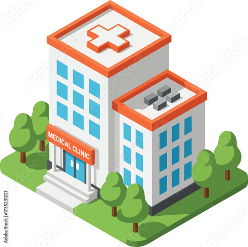 Isometric illustration of a medical clinic building on a green plot with trees