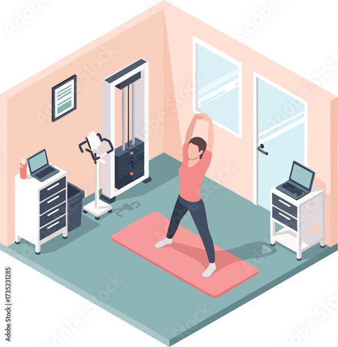 Isometric room woman stretches on mat near weight machine desk w laptop window trash can wall art and doorway