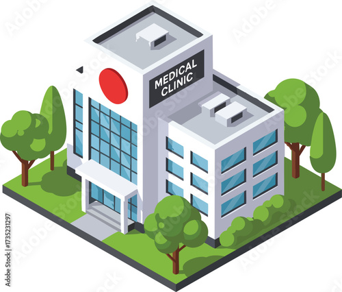 Isometric medical clinic building on a green lawn with trees and a grey square border