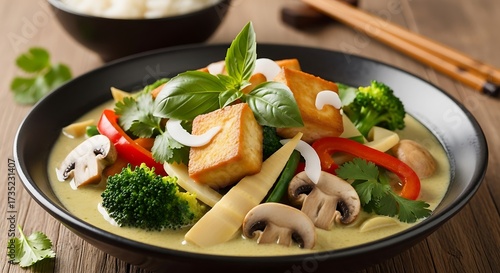 Delicious Green Curry with Tofu and Vegetables in Bowl.