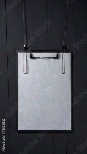 A black clipboard with blank white paper hangs on a dark wooden wall