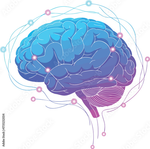 A brain illustration surrounded by lines  circles blue gradient to purple