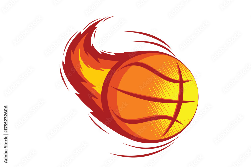 Fototapeta premium Vector illustration of a flaming basketball with halftone gradient, symbolizing speed, motion, power, and energy in sport.