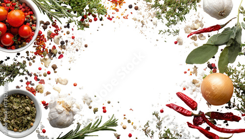 Colorful spices and herbs form a frame around a black void