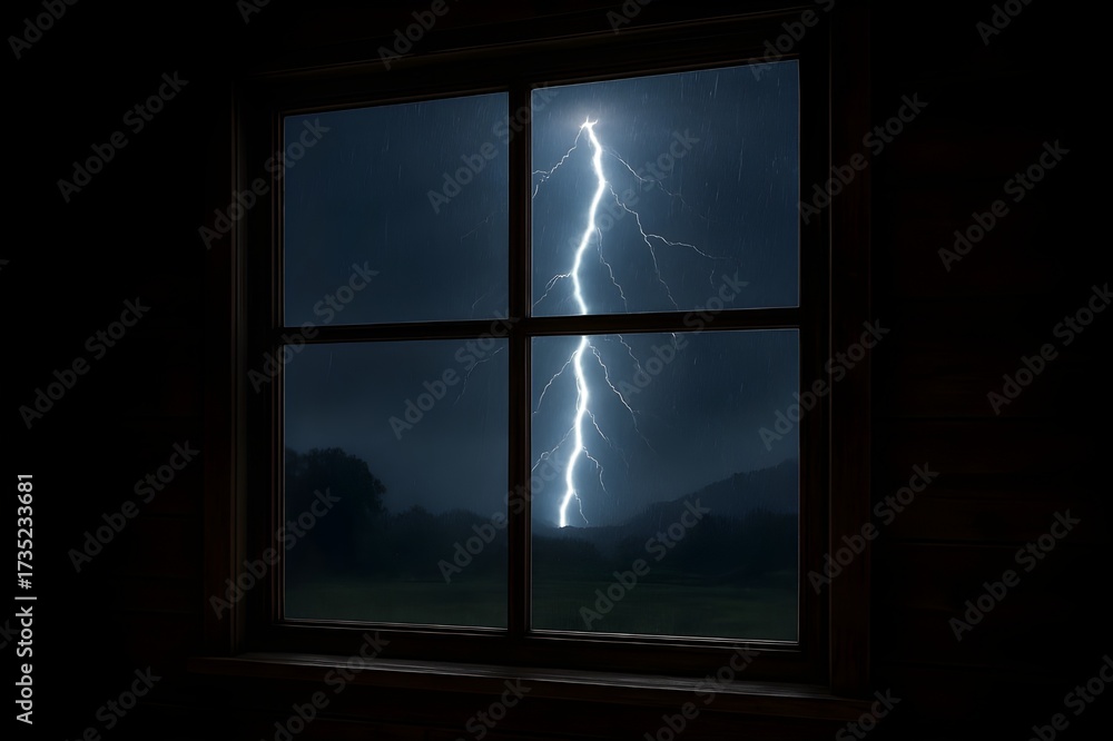 Fototapeta premium Powerful Lightning Bolt Illuminates Rainy Countryside