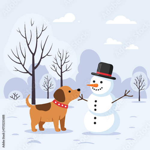 A playful cute dog curiously sniffs a friendly snowman in a vibrant 2D flat vector illustration set in a snowy park with bare trees in the background.