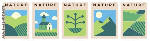 Vector geometric landscape with mountains, village houses, tower, eco farm, agricultural fields, leaf pattern, top view, line art, suitable for poster, background or cover.