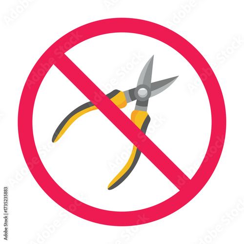 No wire cutters sign, forbidden sign with wire cutting pliers icon, cable cutters prohibited sign, red crossed circle symbol, flat vector illustration