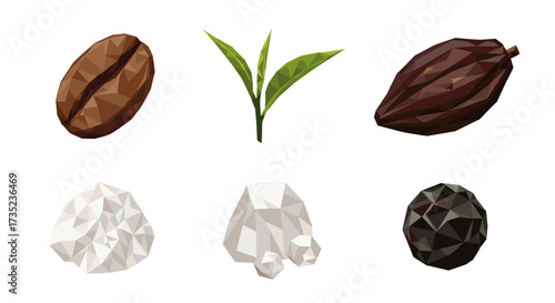 Illustration of coffee bean tea leaves sugar and pepper in low poly style