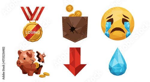 Depicts financial loss with broken piggy bank and sad crying emoji face