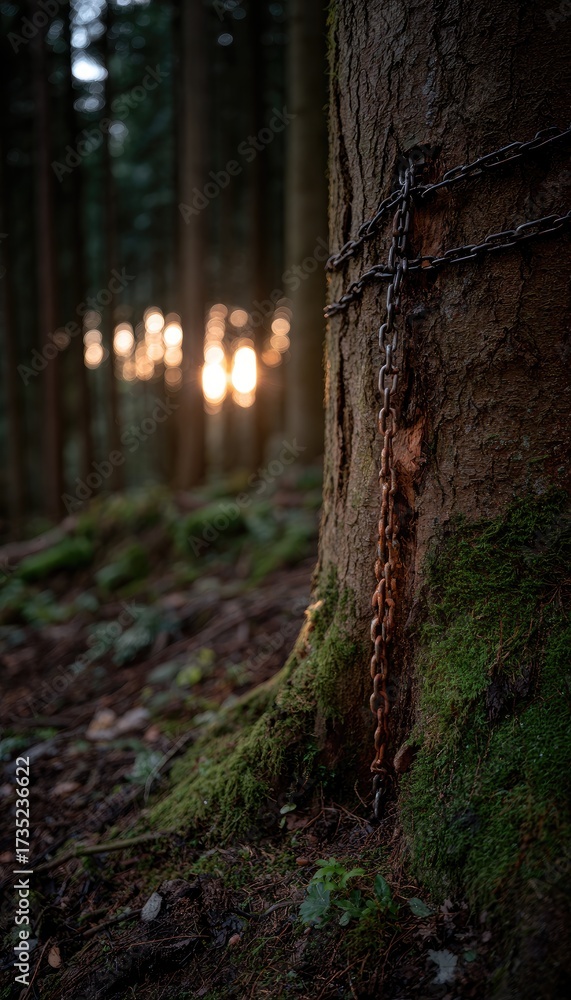 Fototapeta premium Chains wrapped around a tree trunk in a sunlit forest, highlighting the natural environment's subtle beauty.