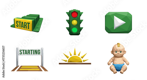 Illustration showing start line traffic light play button sunrise and baby