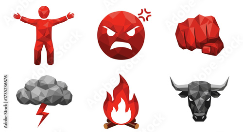 Illustration showing angry red figure, fist, face, fire, storm, and bull