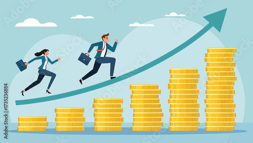 Business people running on arrow and coin stack showing financial growth and success
