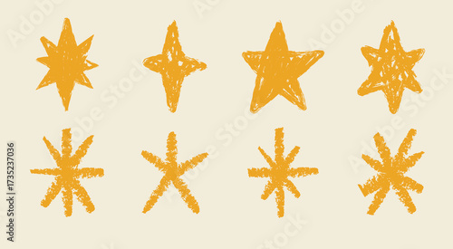 Pencil color crayon stars element set. Hand drawn scribble stars with crayon texture. Set of doodle star and sparkle collection