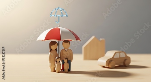 Family Protection - Wooden Figures Under Umbrella with House and Car.