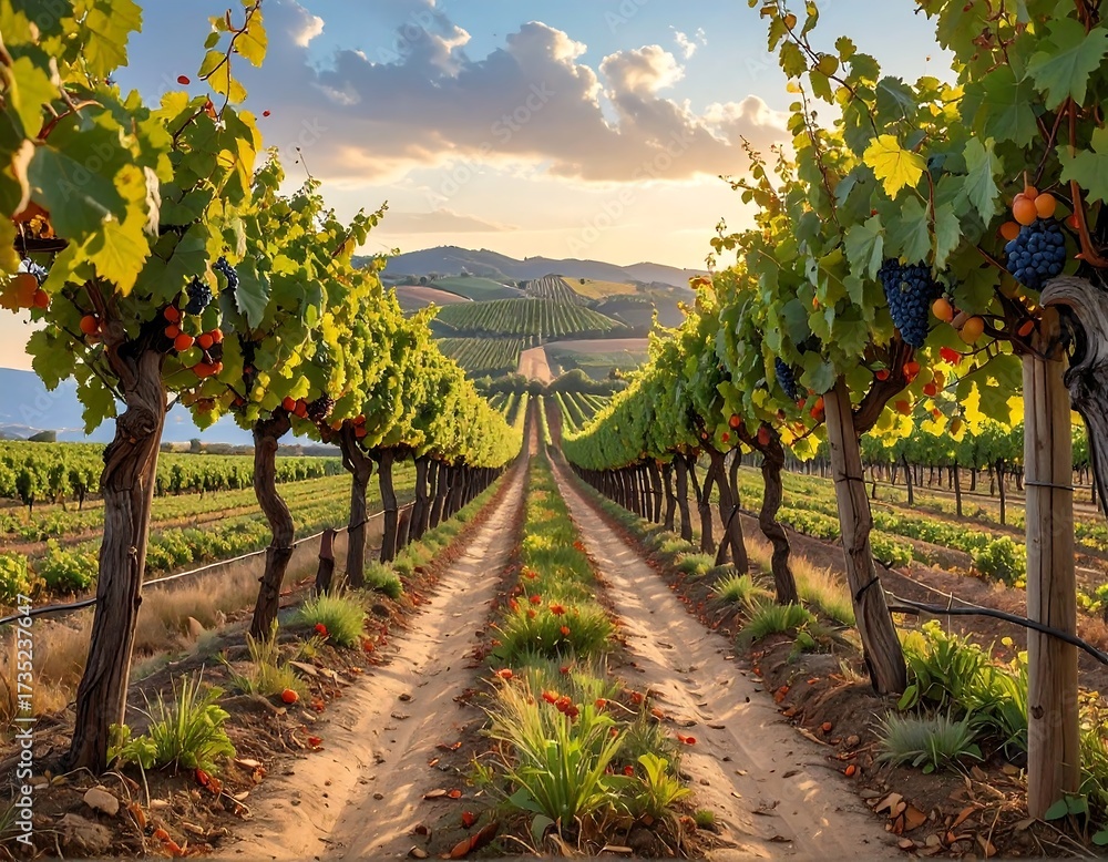Obraz premium Vineyard Pathway at Sunset.