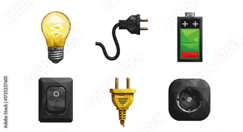 Illustration of a lightbulb, plug, battery, switch, and power outlet