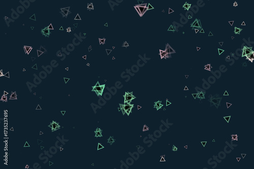 Dark backdrop with sparse green and pink triangles, scattered geometric shapes pattern