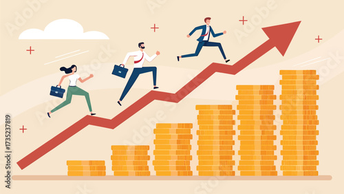 Business people running on growth chart with coins and arrow symbol of financial success
