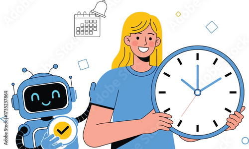 Woman with robot assistant managing time isolated on white background
