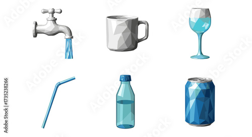 Illustration of a faucet, mug, glass, straw, bottle, and aluminum can
