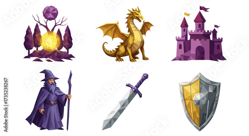 Collection of fantasy themed elements including dragon castle and wizard