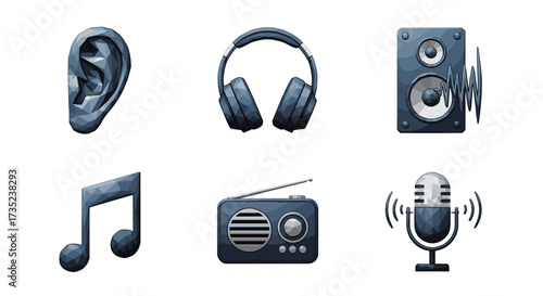 Collection of audio equipment including ear headphones speaker and radio