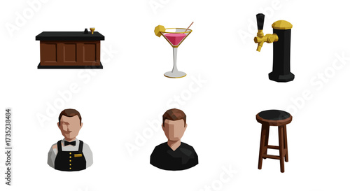 Illustration of a bar setup with bartender and barstool elements shown