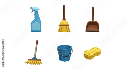 Illustration of cleaning supplies including spray bottle and brooms tools