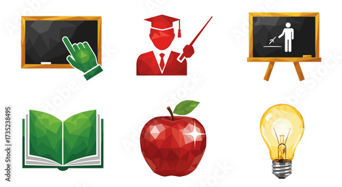 Illustration of educational icons including blackboard teacher and apple