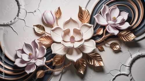 Decorative 3D floral bas-relief featuring elegant pink and white magnolia flowers with luxurious golden leaves and branches.