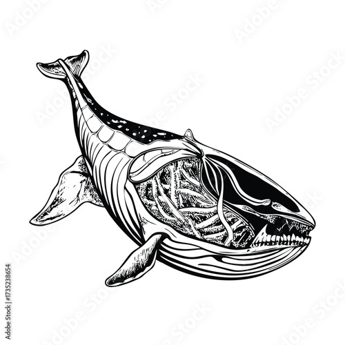 Detailed Anatomical Illustration of a Whale: Bone Structure and Internal Organs