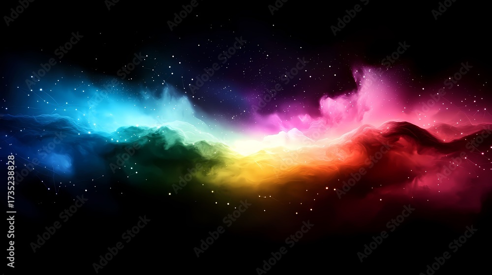 Obraz premium The image portrays a colorful cosmic display with hues of blue, green, yellow, orange, red, and pink illuminating a dark expanse, sprinkled with countless sparkling stars.