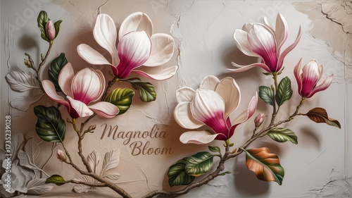Elegant embossed pink and white magnolia flowers on a winding branch, designed for luxury wall mural decoration.