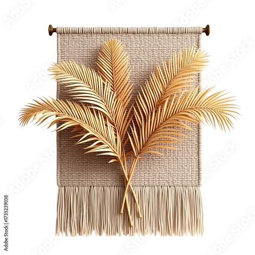 Golden-colored palm leaves are arranged against a backdrop of woven beige textile with a fringed bottom, creating a serene and decorative composition, perfect for various design themes with a...