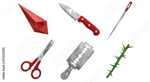 Illustration of assorted sharp objects including knife scissors and thorns