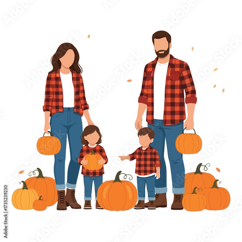 Happy family picks pumpkins together enjoying autumn harvest season fun