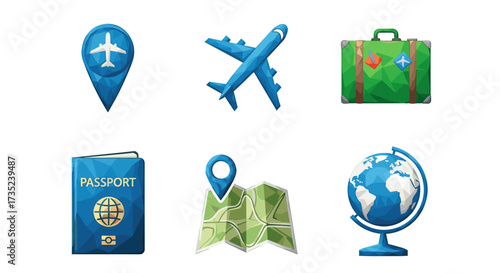 Illustration of travel icons including plane, passport and suitcase