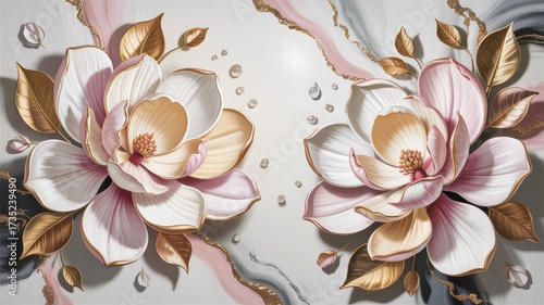 Luxurious 3D floral background featuring two blush pink and white magnolia blossoms with golden leaves and marble texture