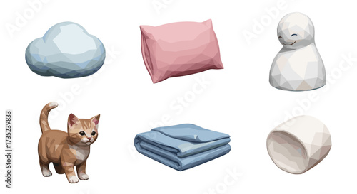 Illustration of cat, pillows, blanket, and a japanese teru teru bozu doll