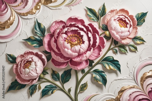 Ornate pink peony flower bouquet sculpted in 3D bas-relief with golden accents on a textured stucco wall mural.