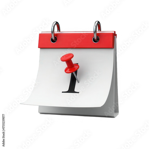 A calendar with the number one highlighted with a red pushpin, set against a stark black background, emphasizes the first day.