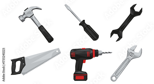 Illustration of various hand tools including a hammer and a screwdriver