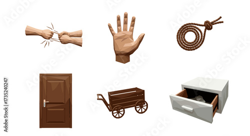 Illustration featuring hands rope door cart and an open drawer cabinet
