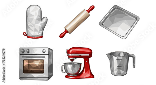 Illustration of baking equipment including oven, mixer and other utensils
