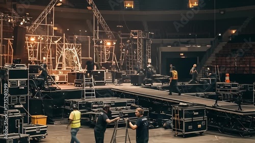 Concert Stage Setup Crew Working on Lighting and Sound Equipment.