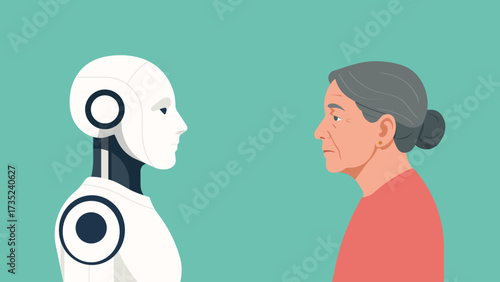 Elderly woman facing humanoid robot, symbolizing technology and aging, artificial intelligence, human and machine relationship, future healthcare, modern society concept. Flat vector illustration