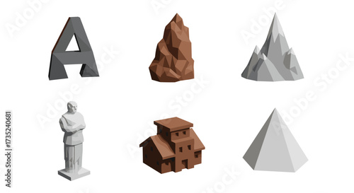 Illustration depicting a letter a statue a rock formation and a house